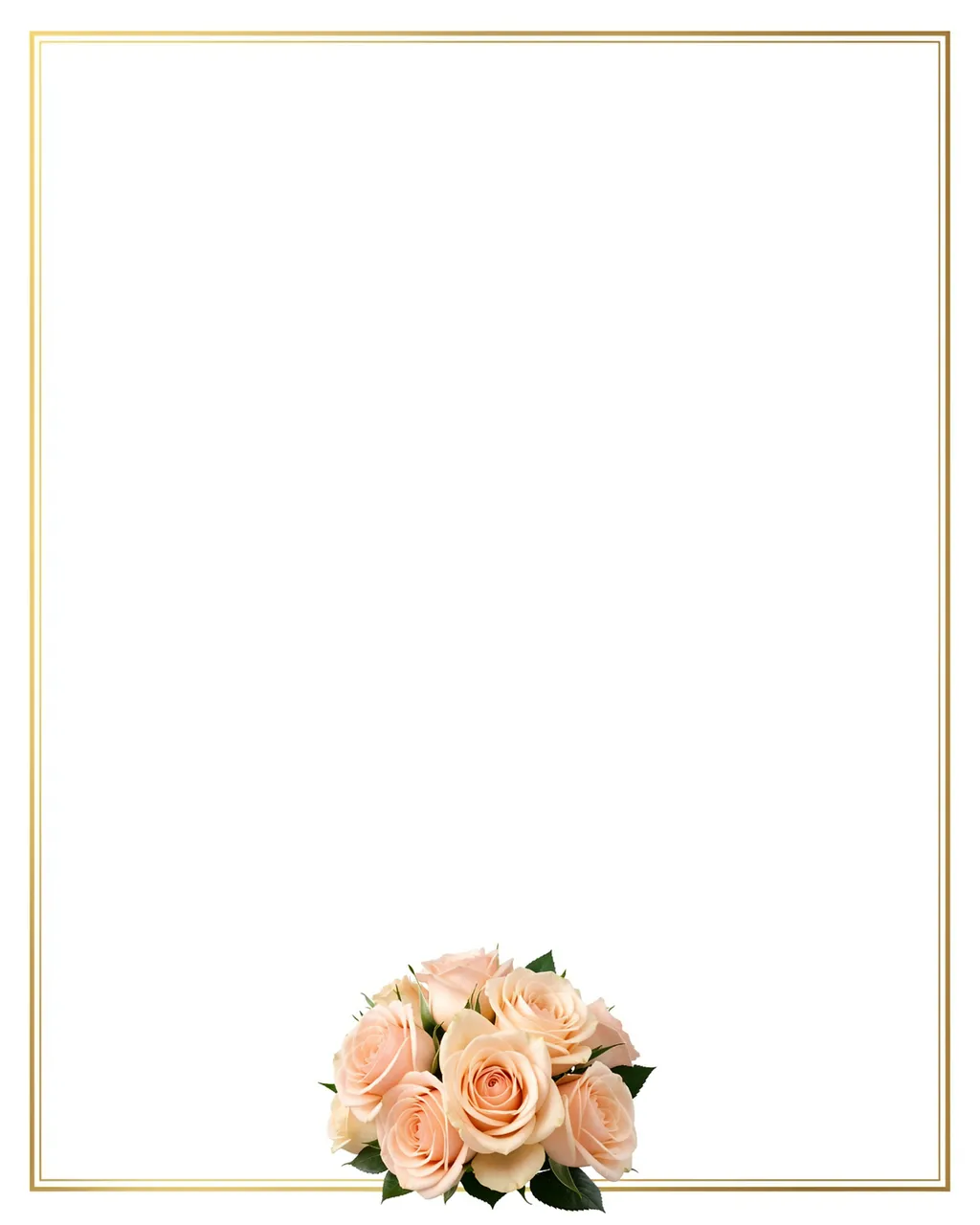 Empty white rectangular background with a thin double gold border and a small blush rose bouquet at the bottom center