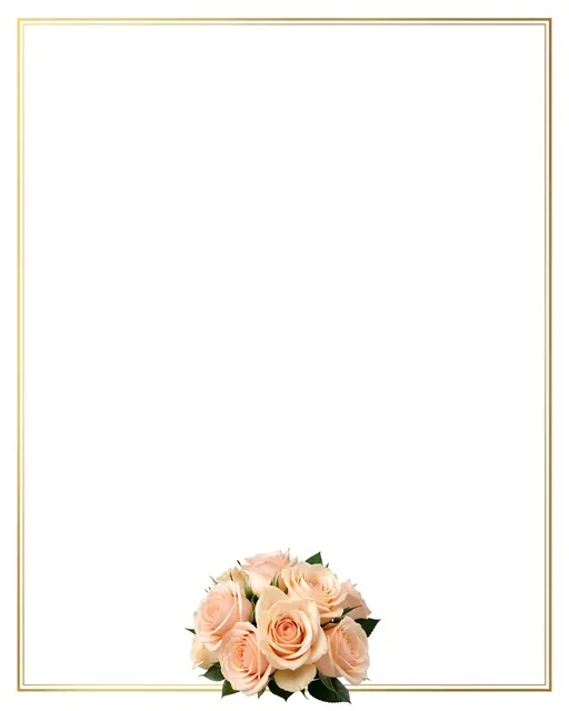 Empty white rectangular background with a thin double gold border and a small blush rose bouquet at the bottom center