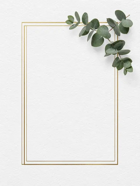Double gold rectangle frame with eucalyptus sprig on textured white paper background