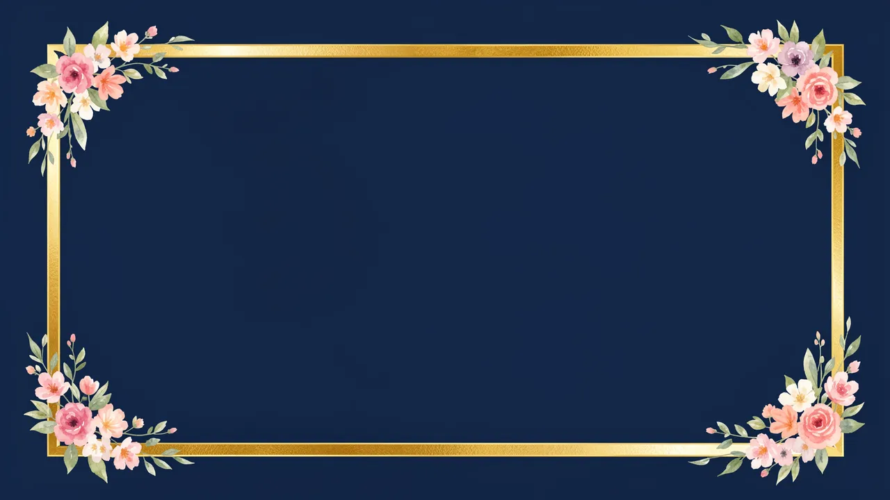 Wide gold rectangular frame with watercolor floral corner accents on solid navy with empty copy space center