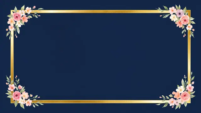 Wide gold rectangular frame with watercolor floral corner accents on solid navy with empty copy space center