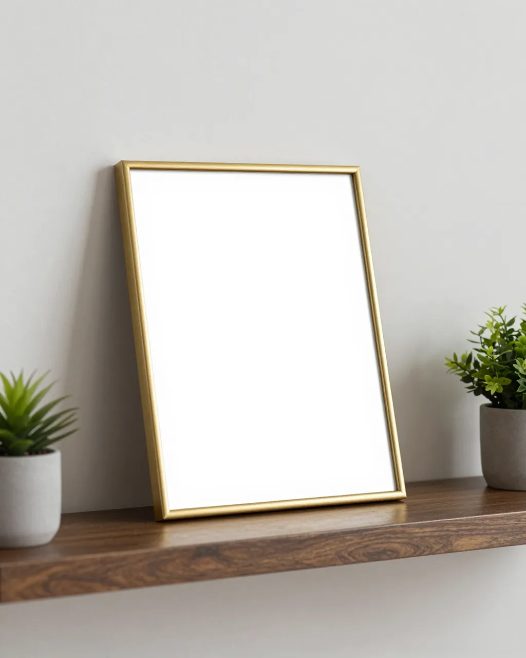 Empty thin brass picture frame leans on a wooden floating shelf flanked by small potted houseplants.