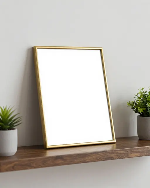 Empty thin brass picture frame leans on a wooden floating shelf flanked by small potted houseplants.