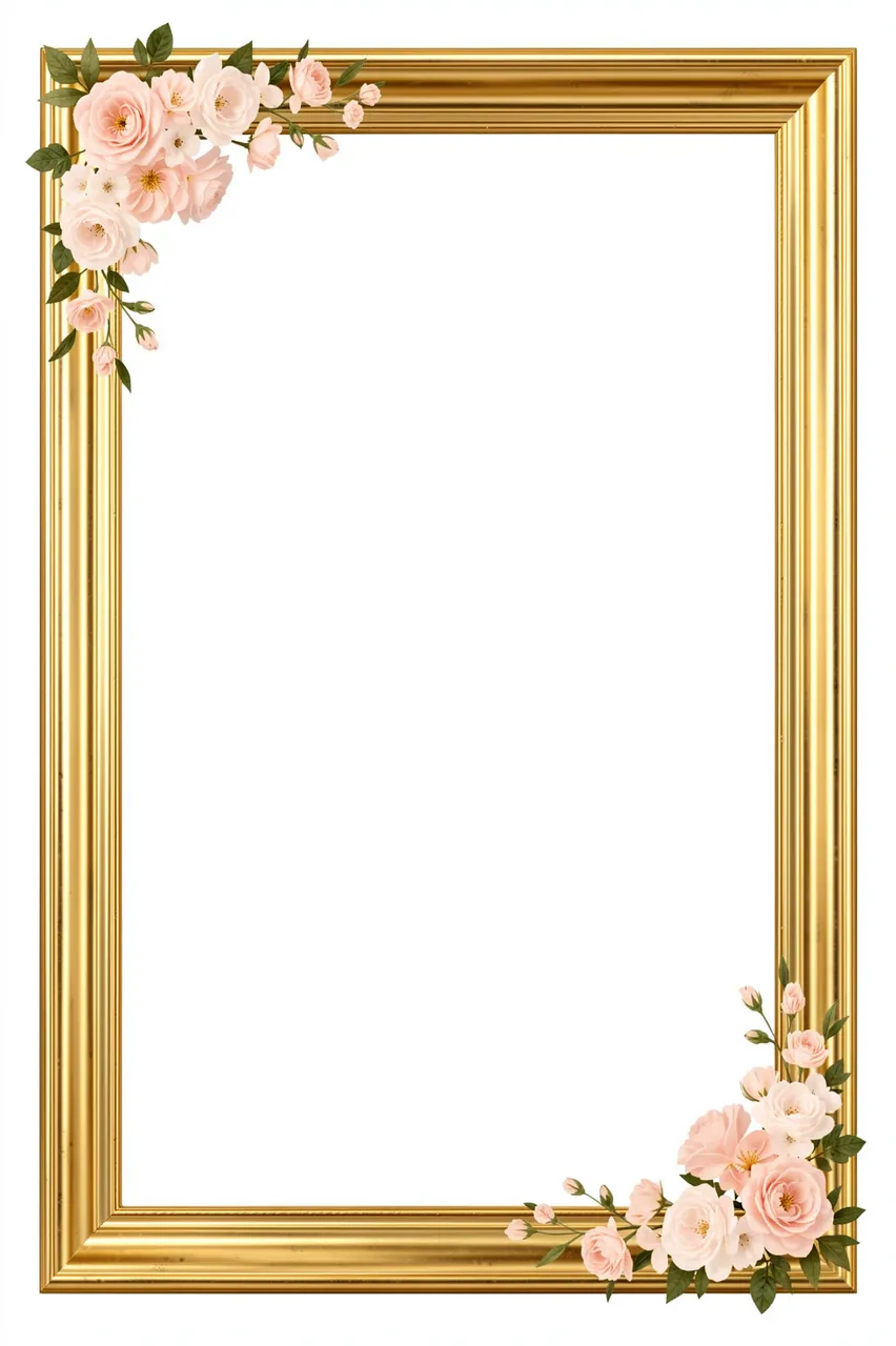A vertical rectangular gold frame with blush pink floral clusters on its top left and bottom right corners, with empty white