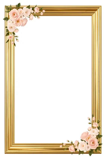 A vertical rectangular gold frame with blush pink floral clusters on its top left and bottom right corners, with empty white