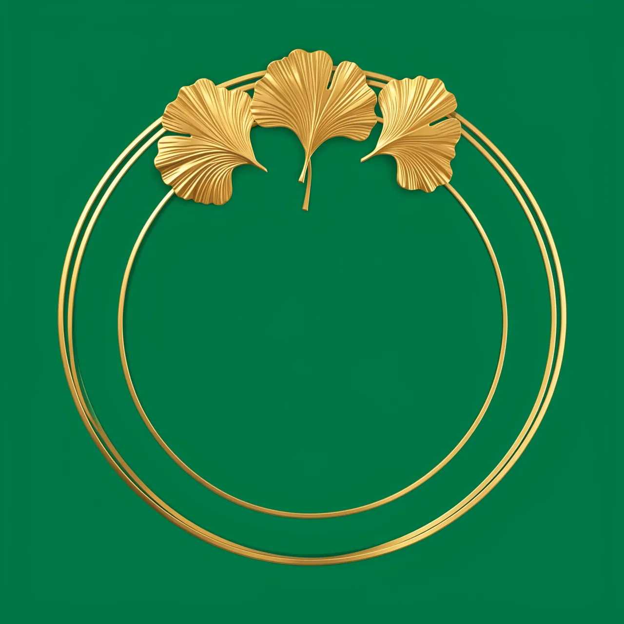 Double thin gold circle frame with three gold ginkgo leaves at the top on a solid emerald green background with empty center