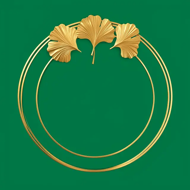 Double thin gold circle frame with three gold ginkgo leaves at the top on a solid emerald green background with empty center