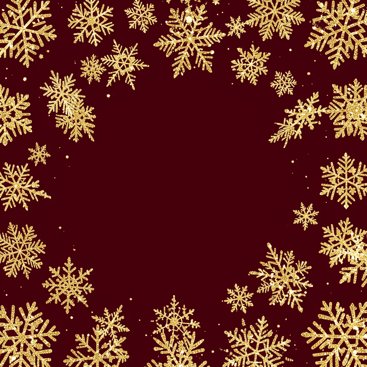 Glittering gold snowflakes form a border around empty deep burgundy negative space