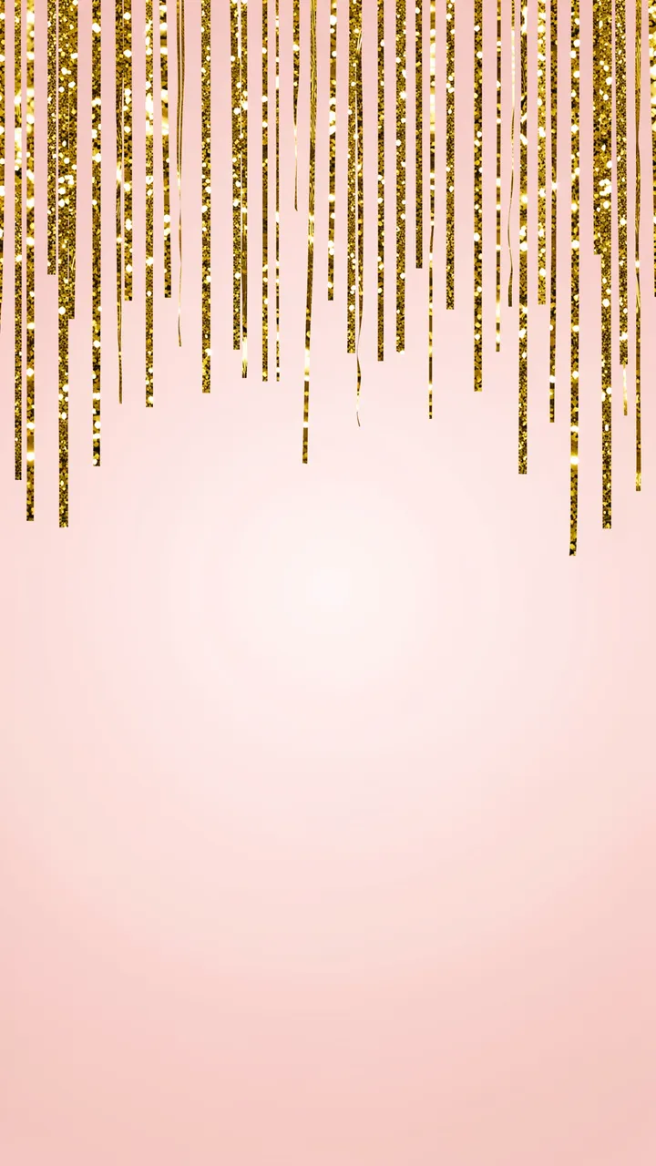 Hanging gold glitter streamers frame empty negative space over a soft blush pink gradient background