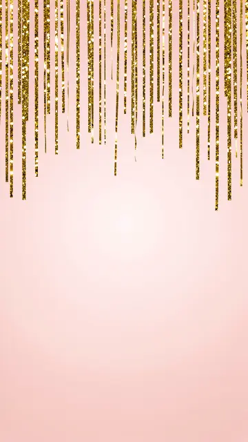 Hanging gold glitter streamers frame empty negative space over a soft blush pink gradient background