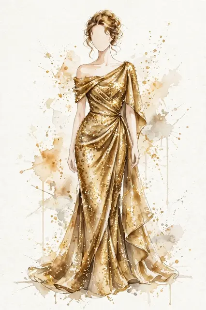 Watercolor illustration of a faceless woman wearing an elegant gold sequin evening gown
