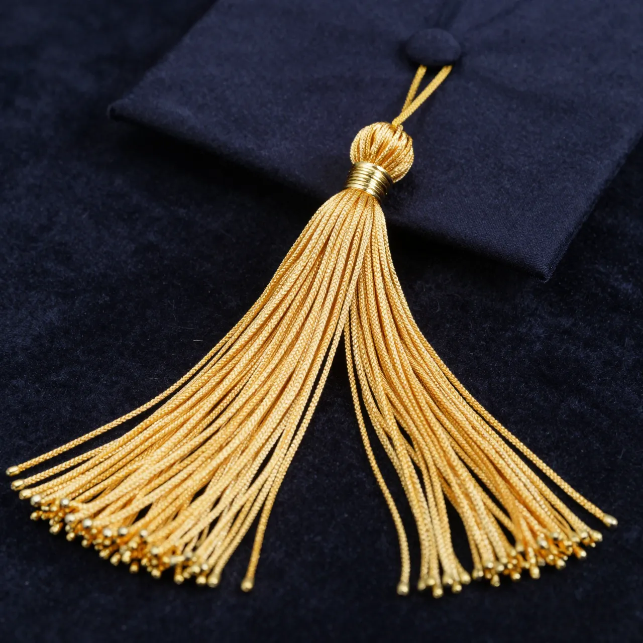 Close-up macro shot of a gold graduation tassel resting on dark navy velvet next to a partial graduation cap top