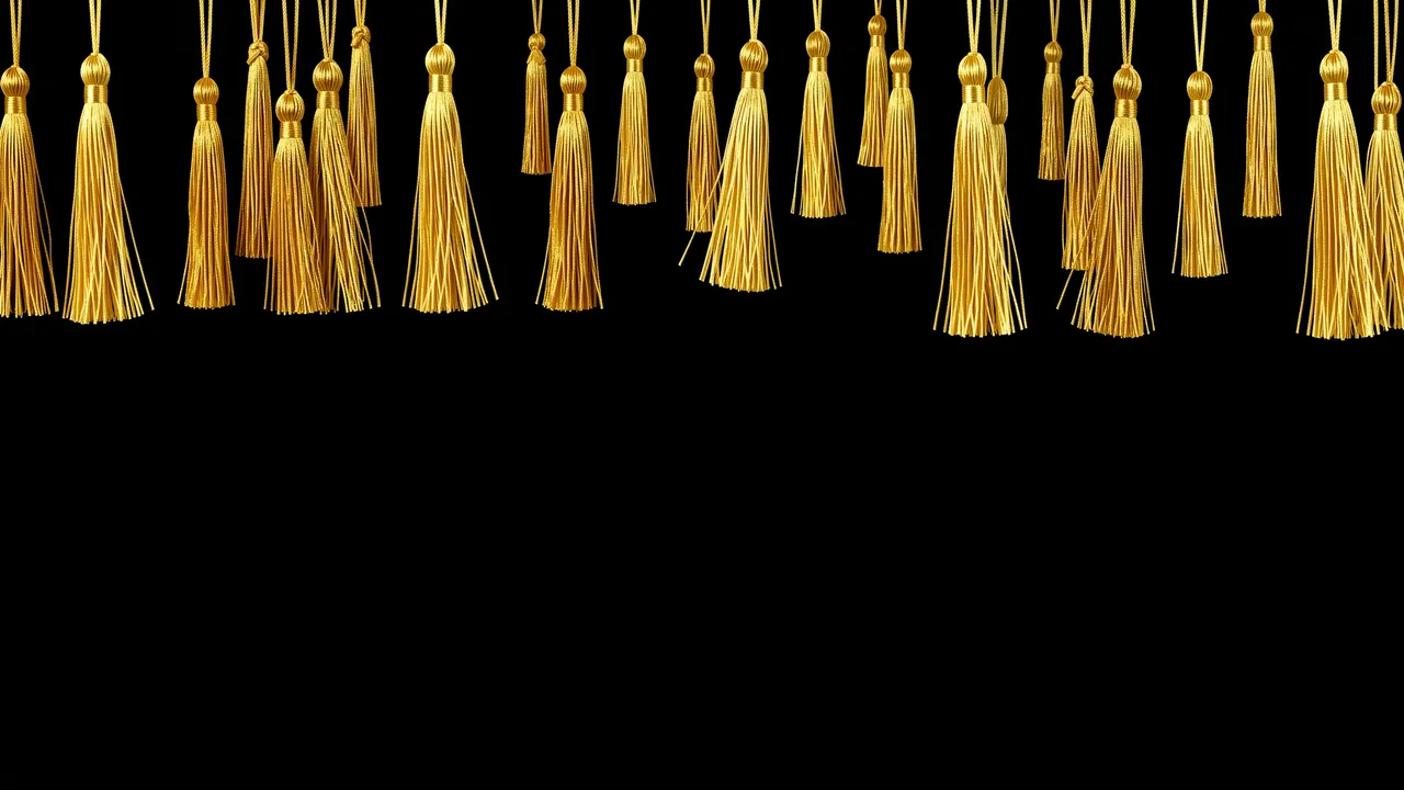 Row of hanging gold graduation tassels along the top edge against a solid black background with empty copy space below