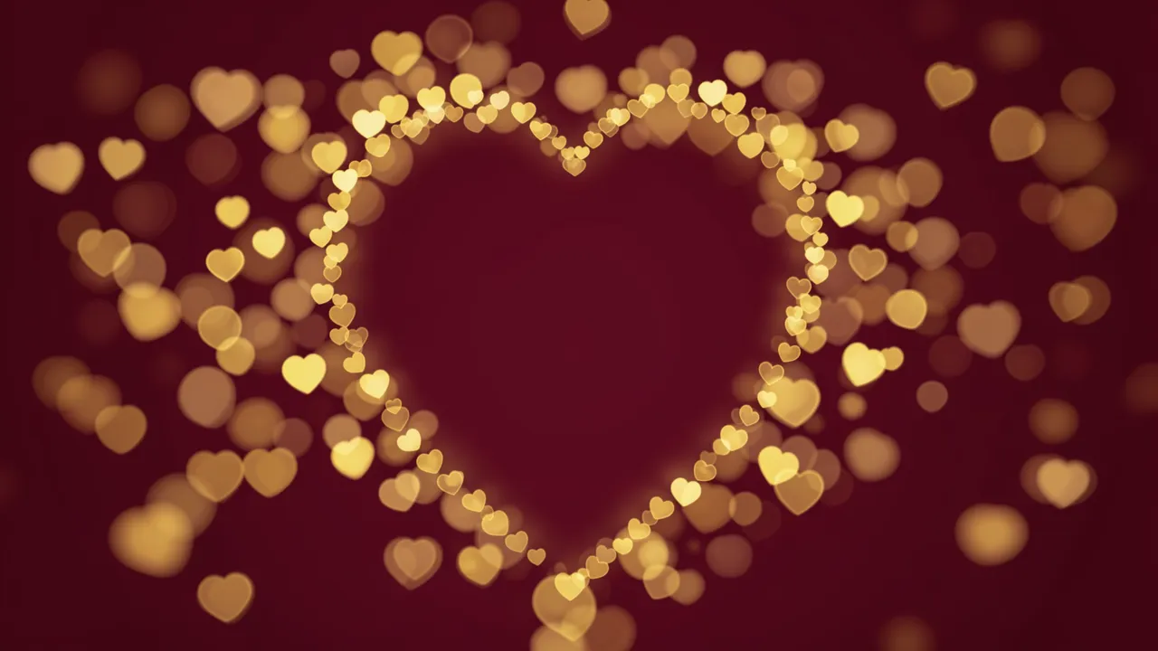 Deep burgundy background with glowing golden heart-shaped bokeh and an empty central heart frame