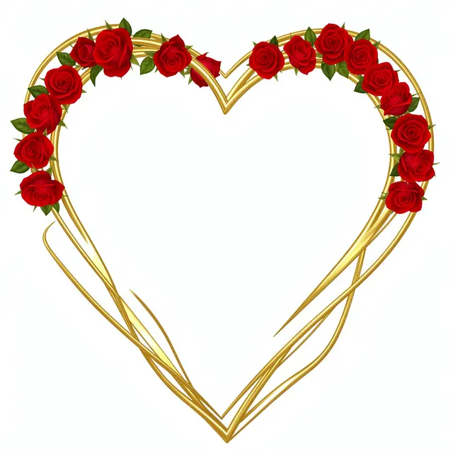 A gold outlined heart frame decorated with red roses on a plain white background