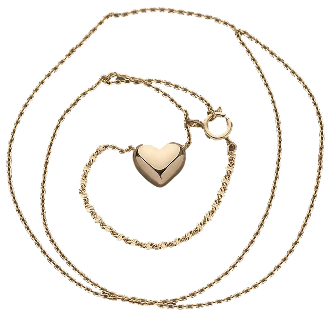 Delicate polished gold necklace with a small heart pendant laid in soft loops, viewed from above