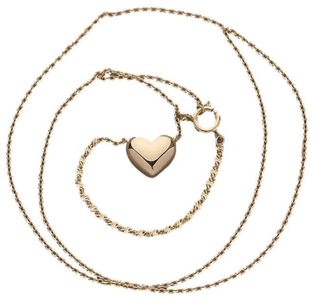 Delicate polished gold necklace with a small heart pendant laid in soft loops, viewed from above