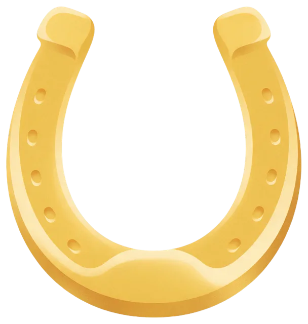 Shiny gold horseshoe oriented open end up with nail holes along its curve