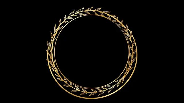 An empty ornate double gold circle frame with leaf details sits on a solid black background