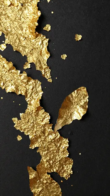 Torn crumpled gold leaf flakes scatter across a smooth matte black paper background