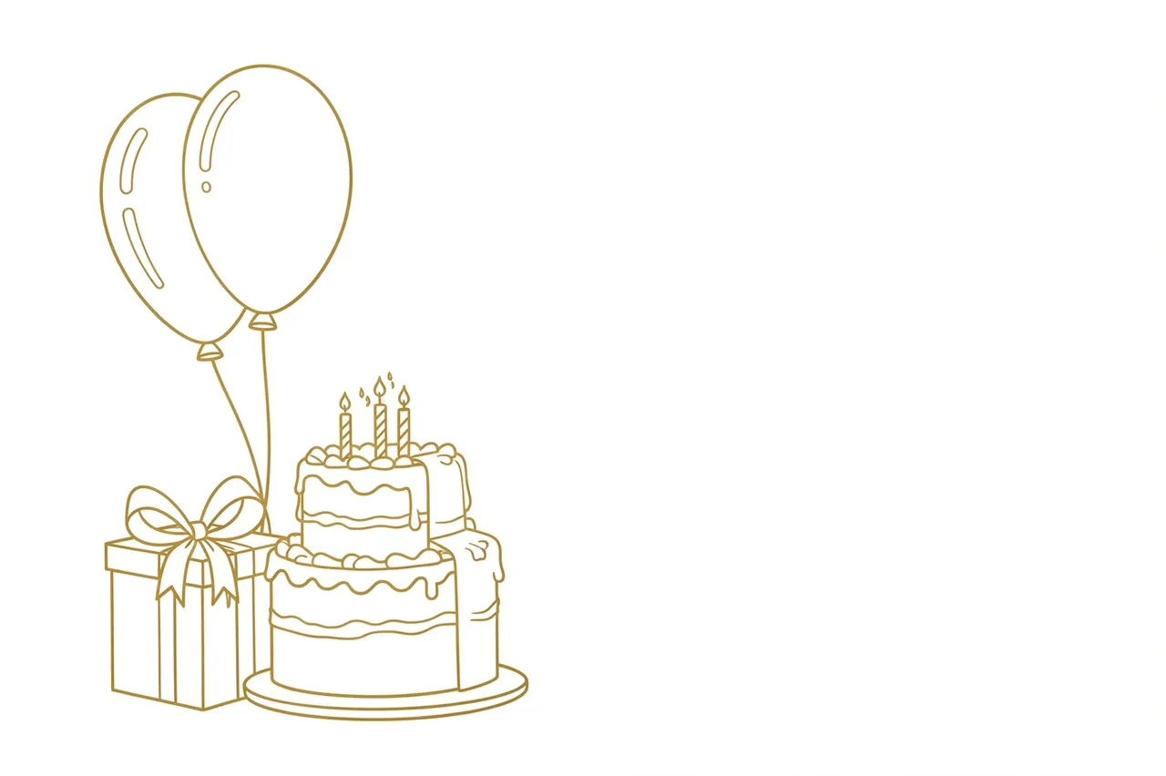 Thin gold line art of balloons, a birthday cake, and a gift on a white background with empty right-side copy space