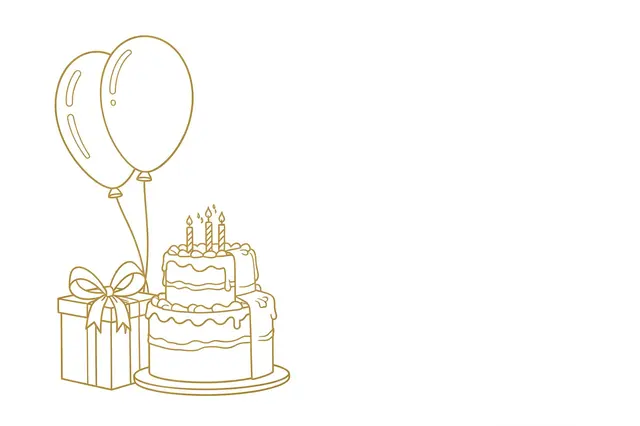 Thin gold line art of balloons, a birthday cake, and a gift on a white background with empty right-side copy space