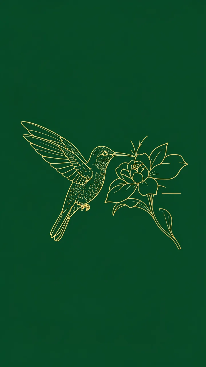 Delicate gold line art of a hummingbird sipping from a flower against a solid deep green background