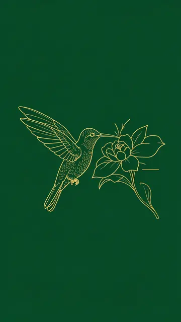 Delicate gold line art of a hummingbird sipping from a flower against a solid deep green background