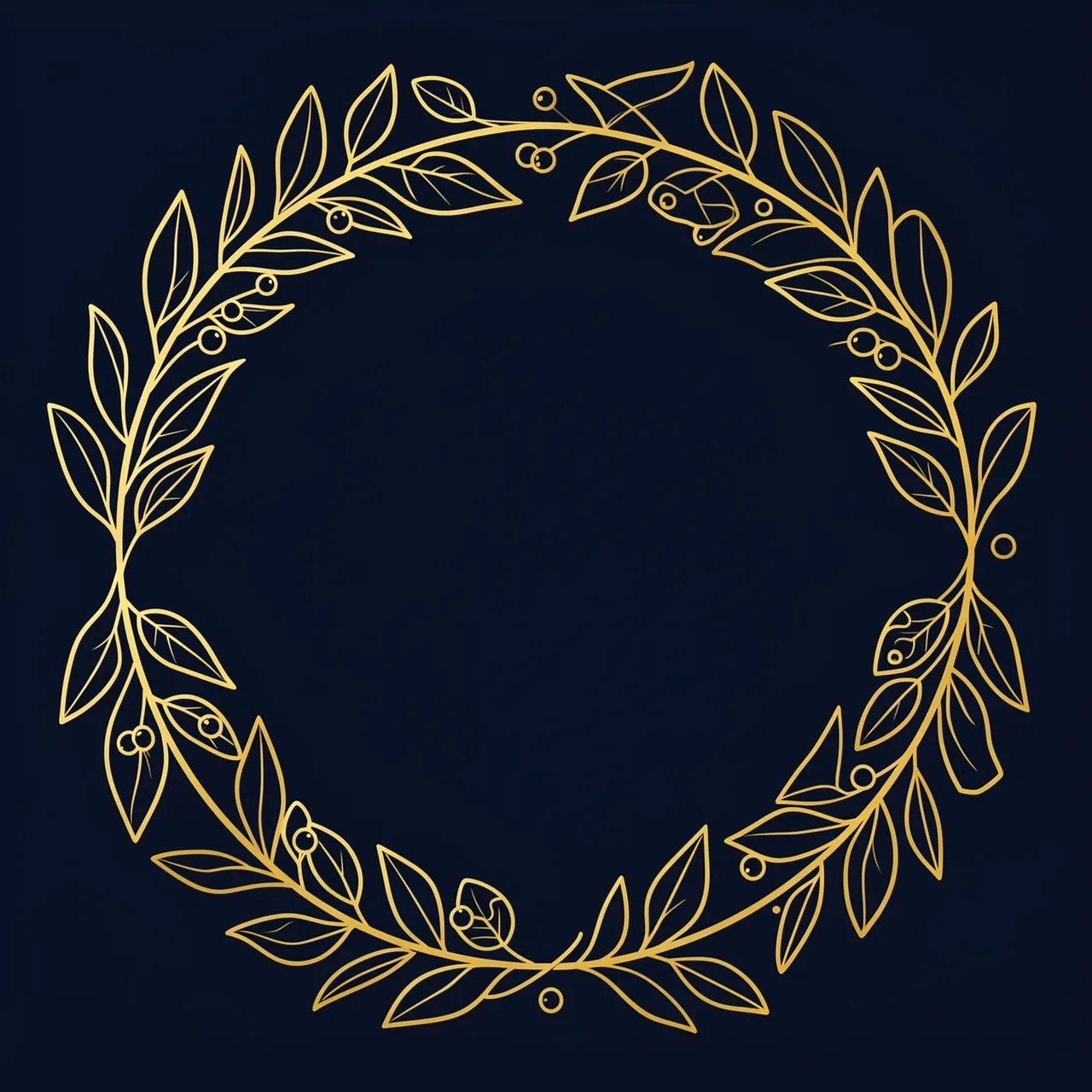 A thin gold line art wreath of leaves and small berries sits on a solid dark navy background with an empty center.