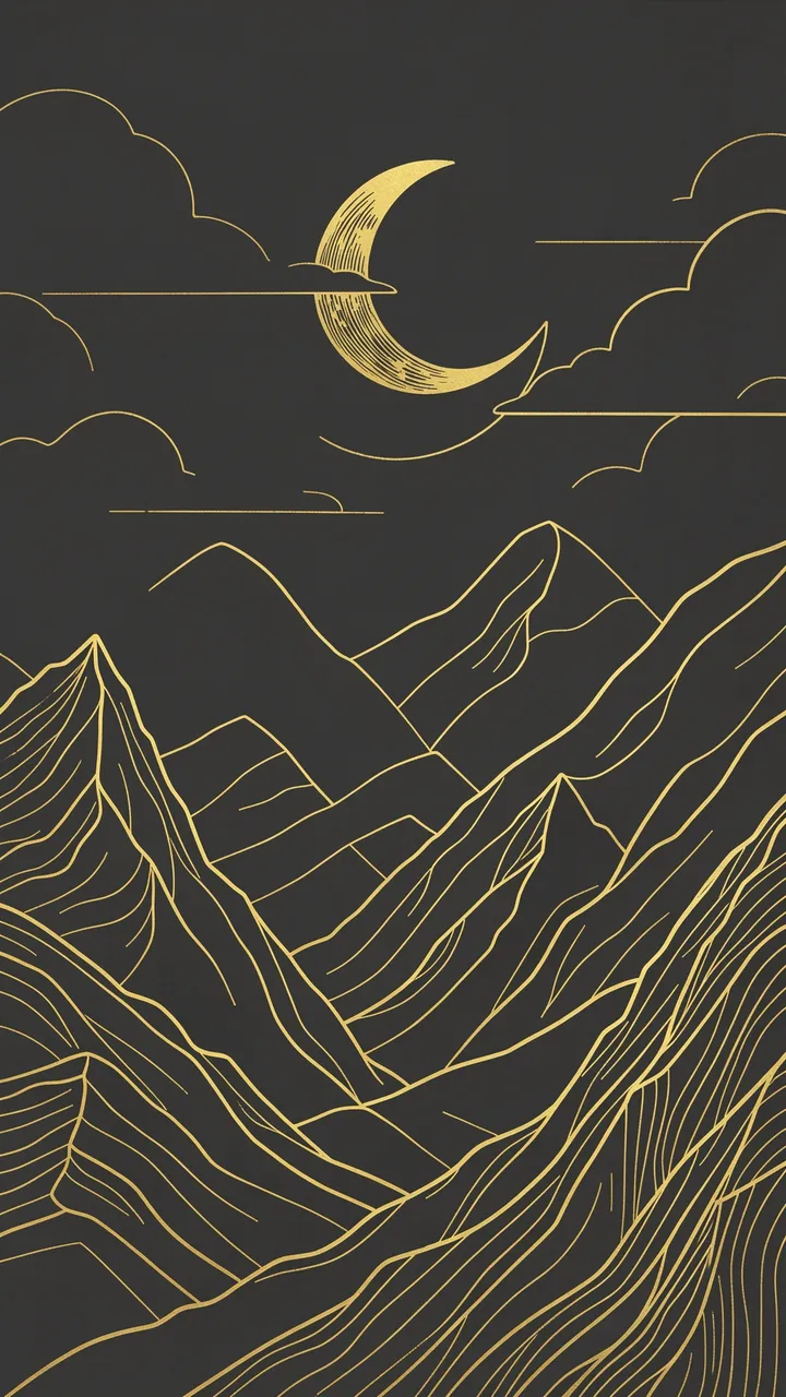 Fine gold line illustration of layered mountains, crescent moon and clouds on a dark charcoal background