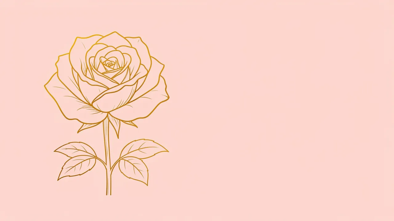 A golden line art rose sits on the left of a solid blush pink background with empty copy space on the right
