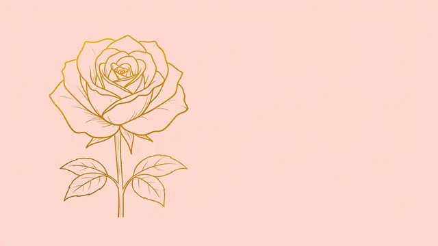 A golden line art rose sits on the left of a solid blush pink background with empty copy space on the right