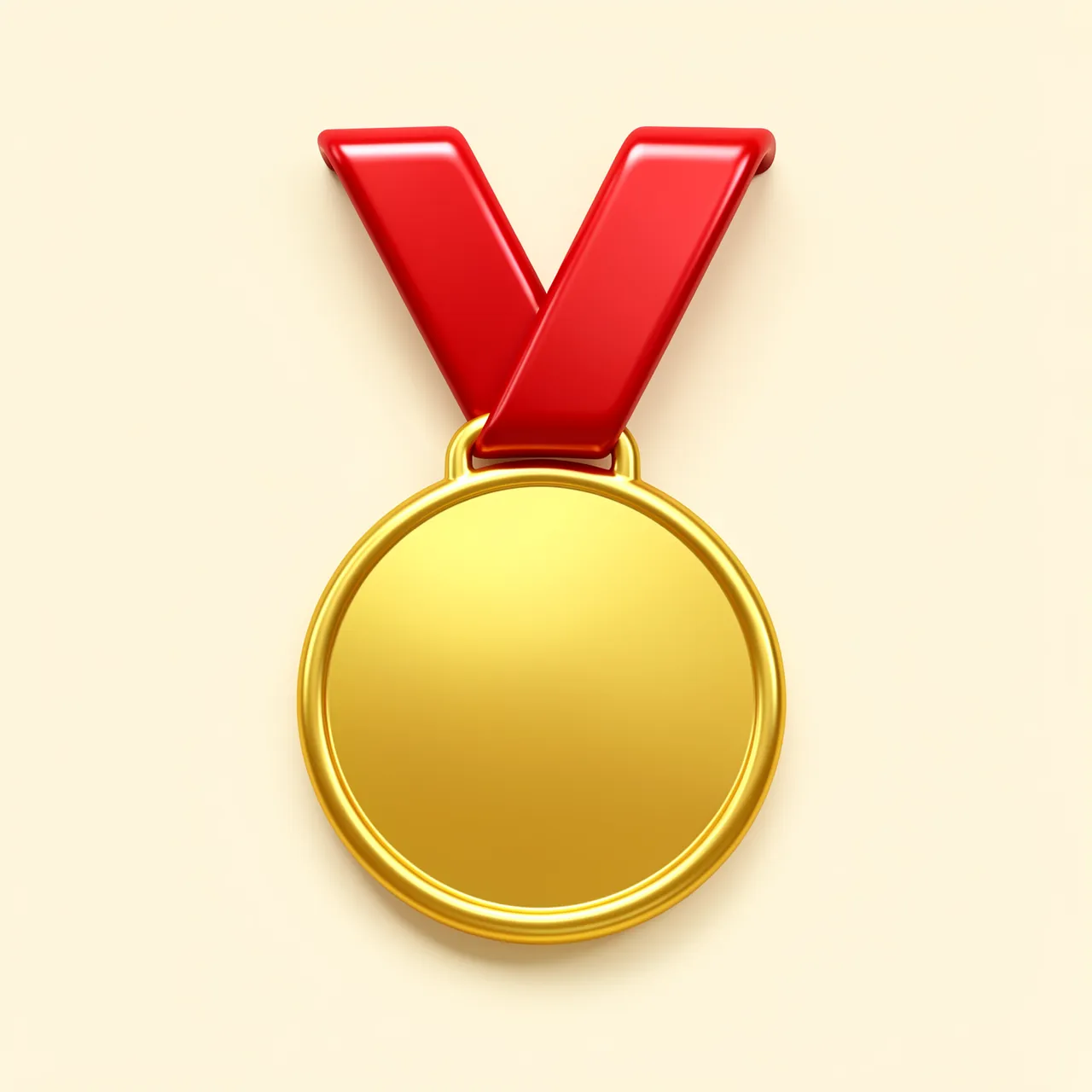 Glossy blank gold medal with a red ribbon set against a soft cream background