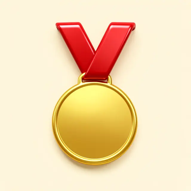 Glossy blank gold medal with a red ribbon set against a soft cream background