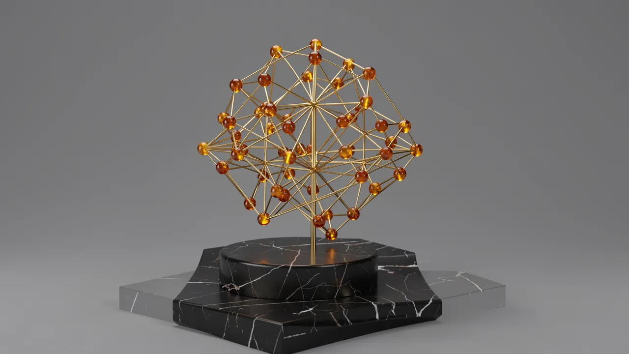 A wireframe neural network sculpture of gold wire and glowing amber beads sits on a veined black marble pedestal