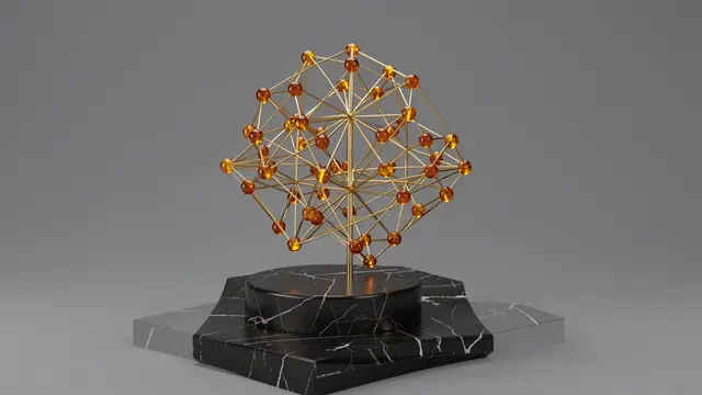 A wireframe neural network sculpture of gold wire and glowing amber beads sits on a veined black marble pedestal