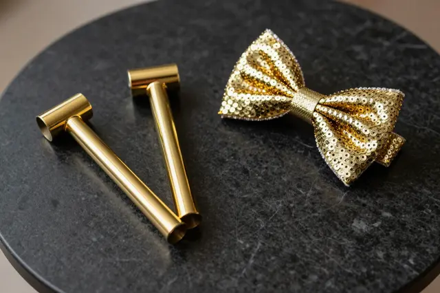 Two gold noisemakers and a sequined gold bow tie rest on a round black marble tabletop.