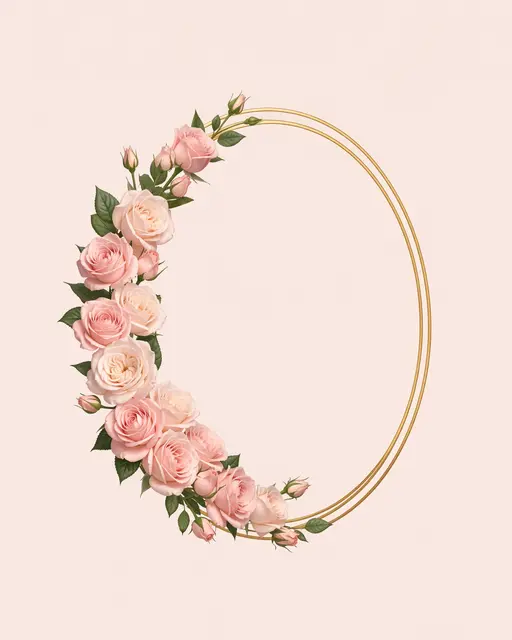 A double gold oval frame with a crescent of blush roses on the left sits on pale blush background