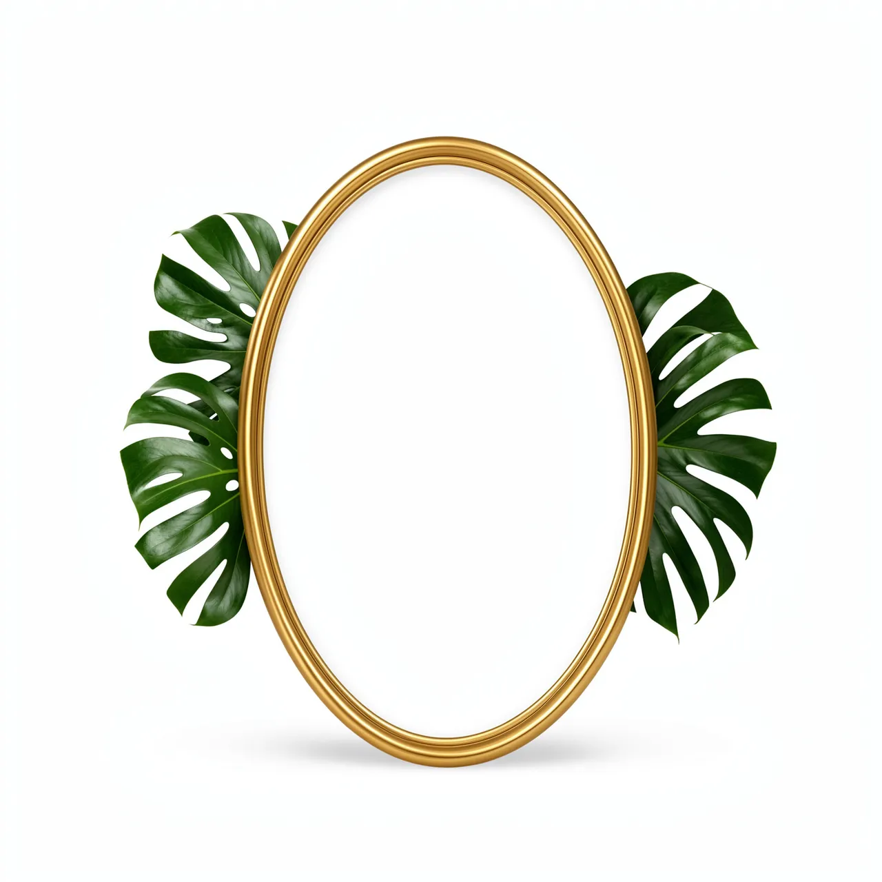 An empty polished gold oval frame sits centered with glossy monstera leaves peeking out from either side against a plain