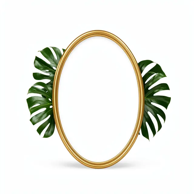 An empty polished gold oval frame sits centered with glossy monstera leaves peeking out from either side against a plain
