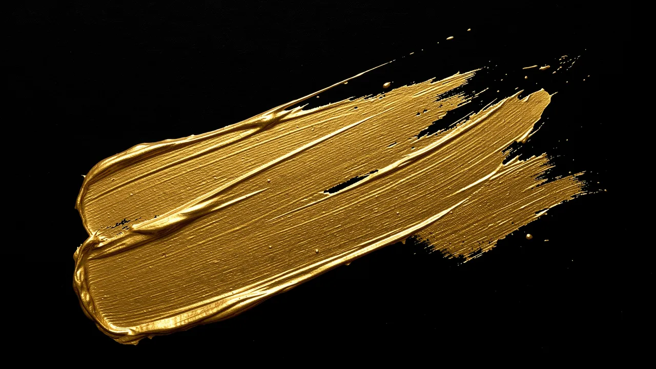 A thick textured metallic gold paint brush stroke sits against a solid black background
