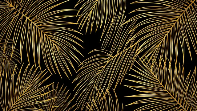 Shiny golden line art tropical palm fronds arranged across a solid matte black background