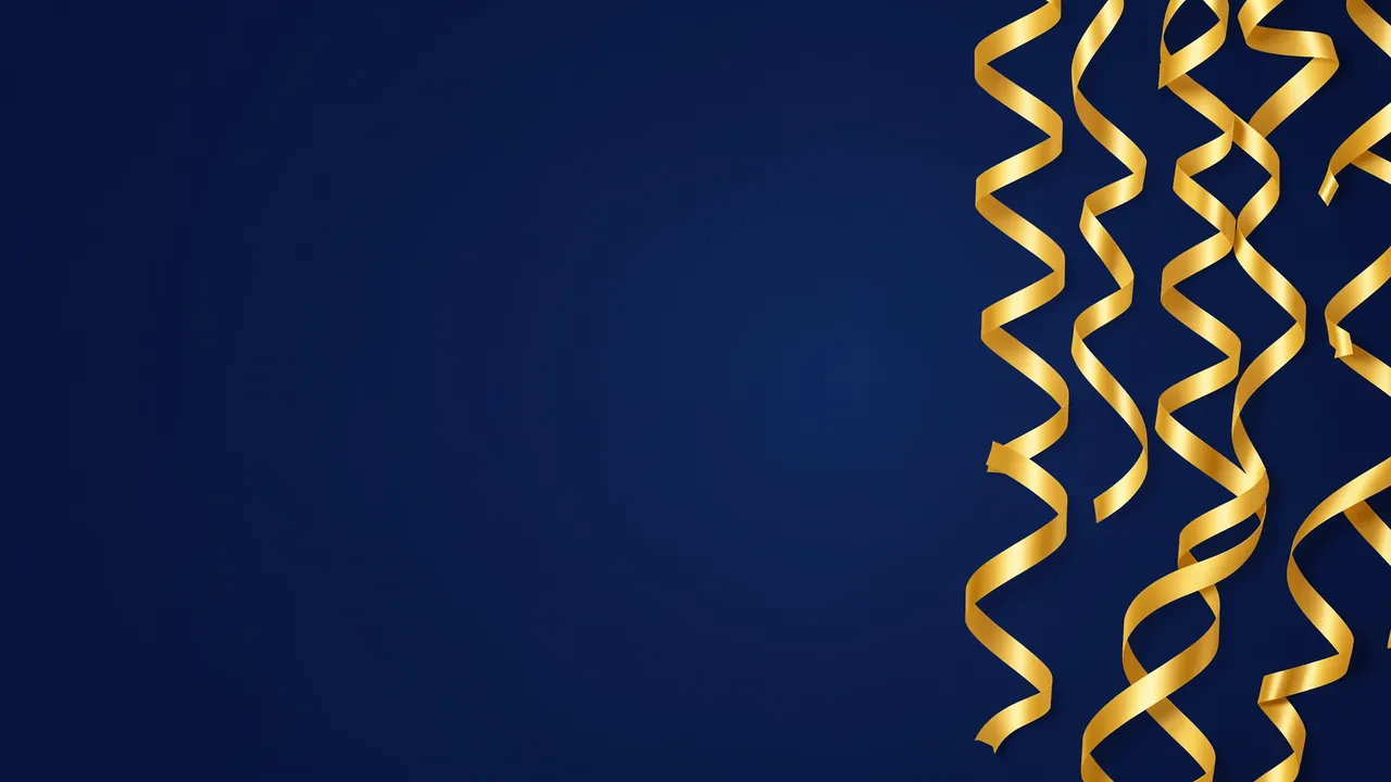 Shiny curling gold ribbons fall along the right edge of a solid midnight blue backdrop with empty left copy space