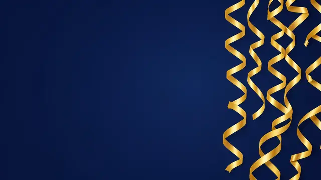 Shiny curling gold ribbons fall along the right edge of a solid midnight blue backdrop with empty left copy space