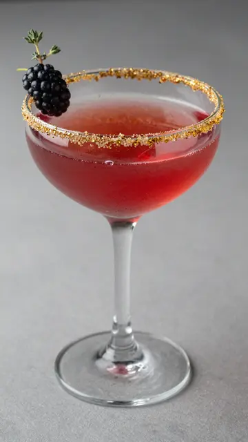 Coupe glass with gold sugar rim holds red mocktail garnished with fresh blackberry and thyme sprig