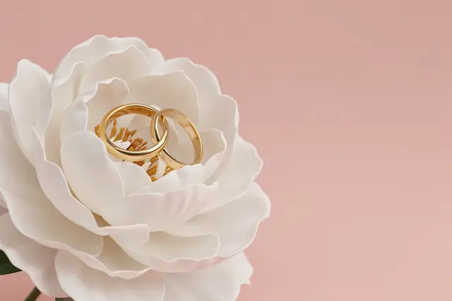 Two polished gold wedding rings rest inside a white peony bloom against a soft blush background with empty copy space on the