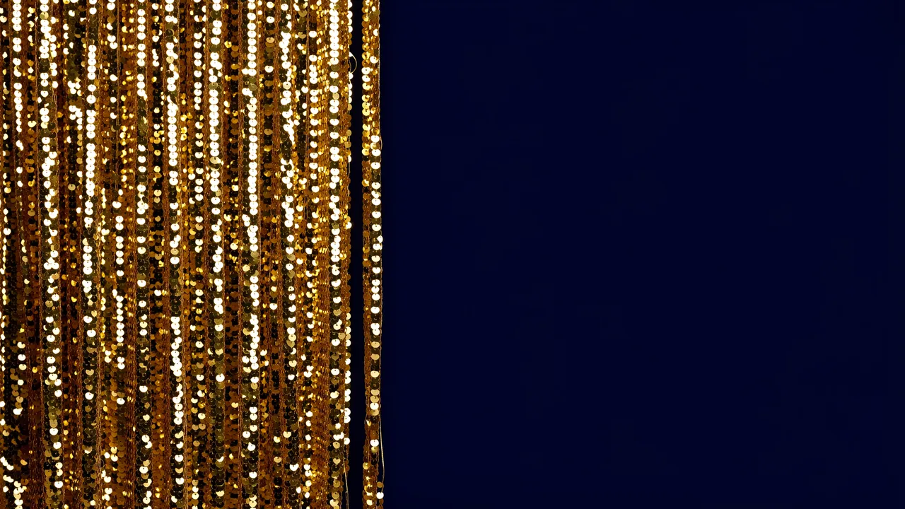 Shimmering gold sequin curtain on the left next to empty solid deep navy copy space on the right