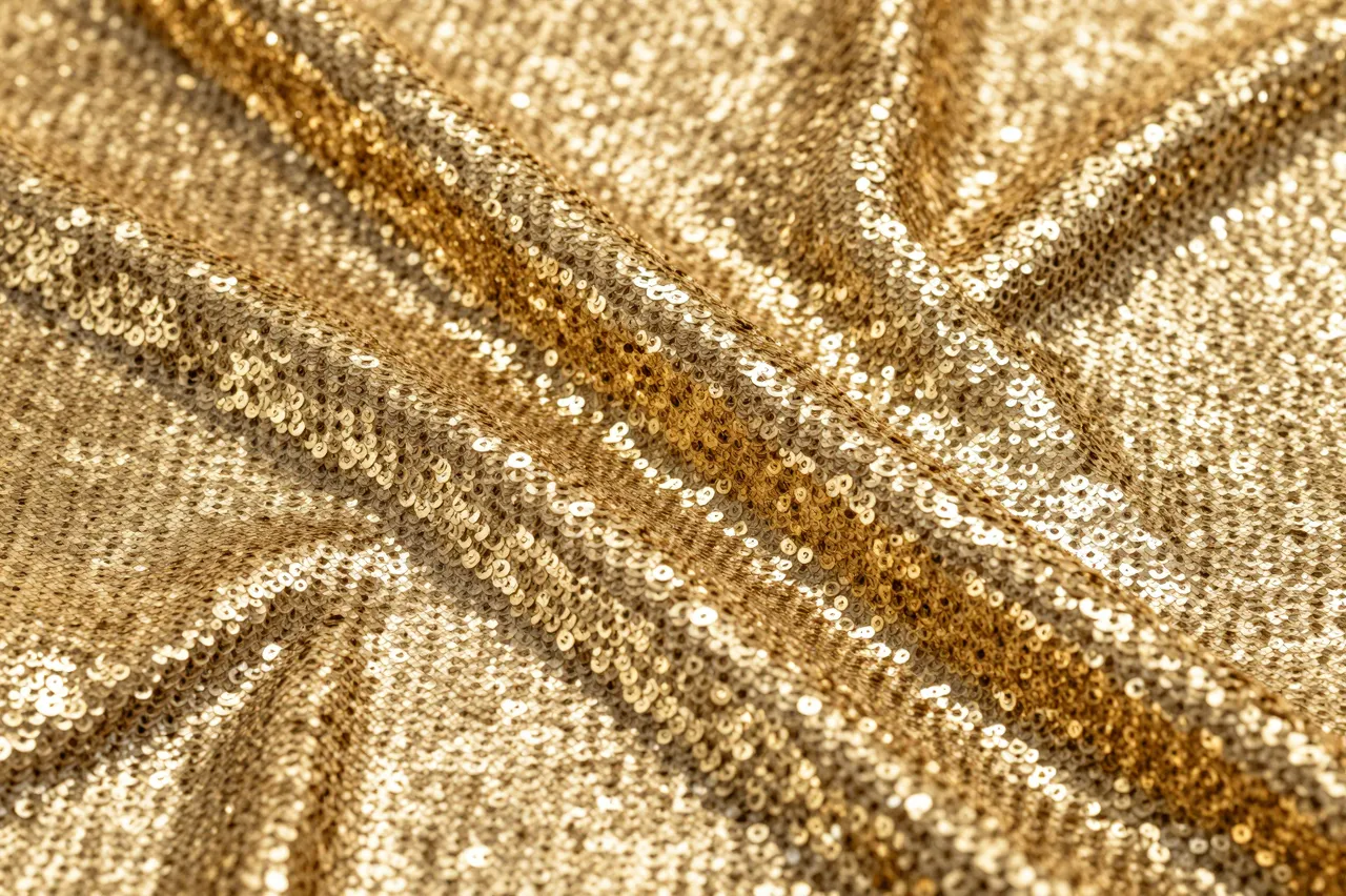 Close-up of draped shimmering gold sequin fabric catching bright reflected light