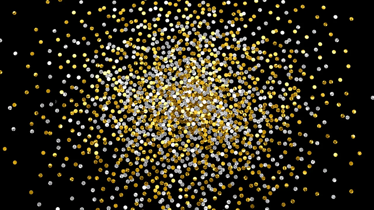 Scattered gold and silver glitter confetti rests against a solid black background