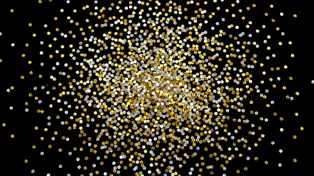 Scattered gold and silver glitter confetti rests against a solid black background